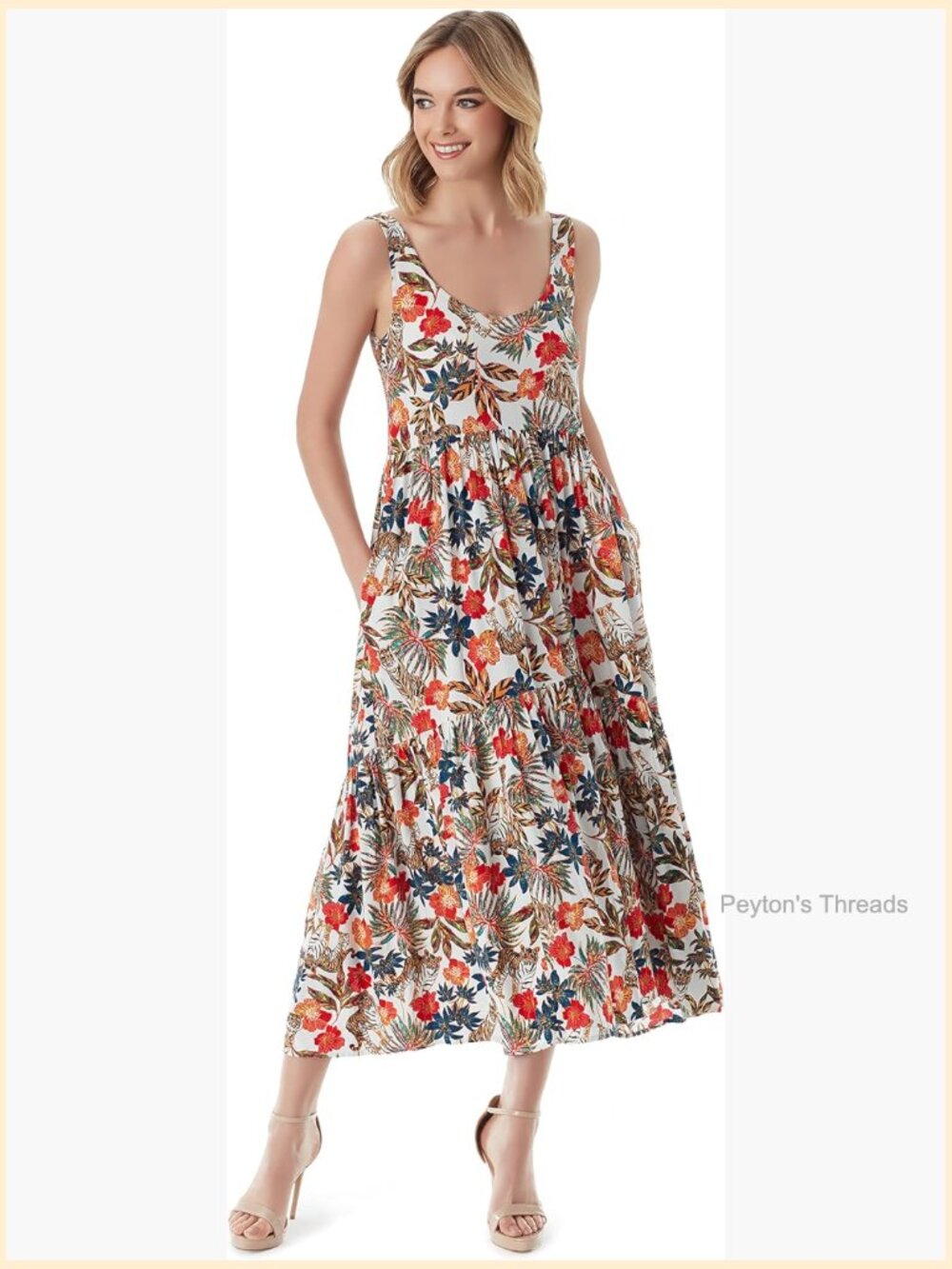 Tiered Maxi Dress with Pockets - Sleeveless Scoop Neck
